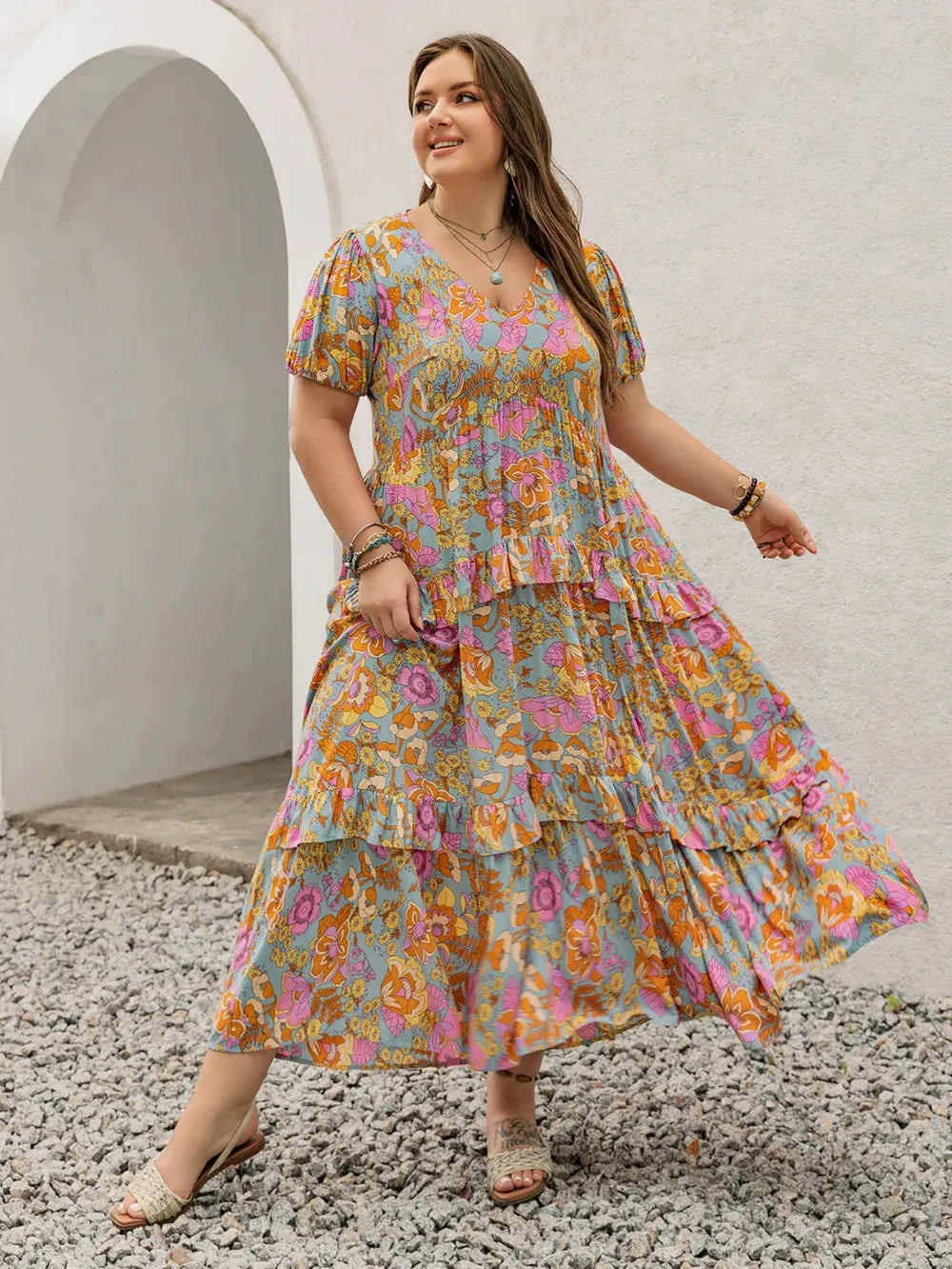 Plus Size Printed V-Neck Short Sleeve Maxi Dress sold by Gigi Laurent