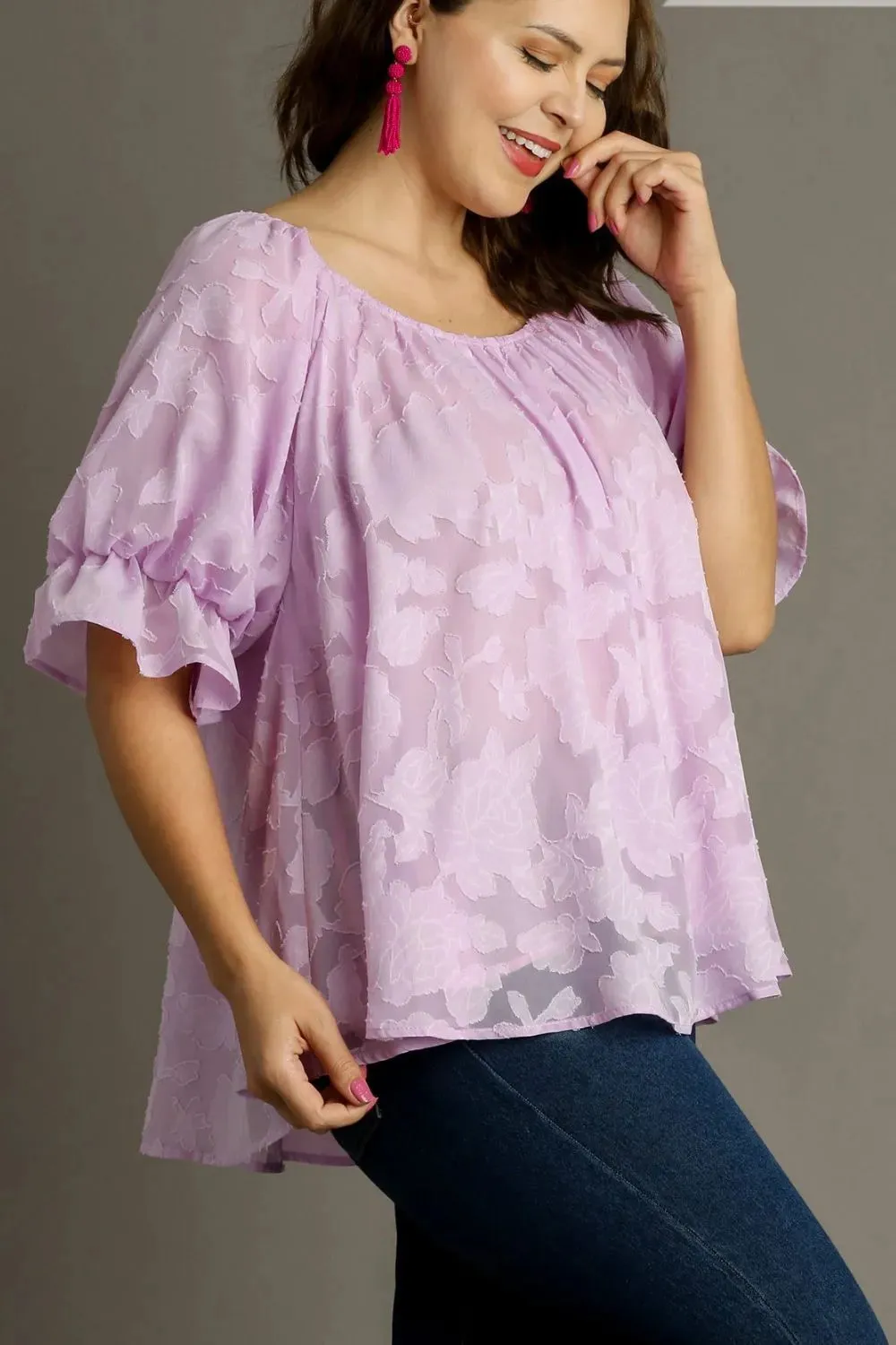 Umgee Full Size Jacquard Round Neck Ruffled Puff Sleeve Blouse Plus Size sold by Gigi Laurent product image thumbnail 5