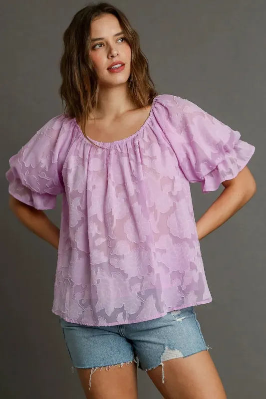 Umgee Full Size Jacquard Round Neck Ruffled Puff Sleeve Blouse Plus Size made by Trendsi