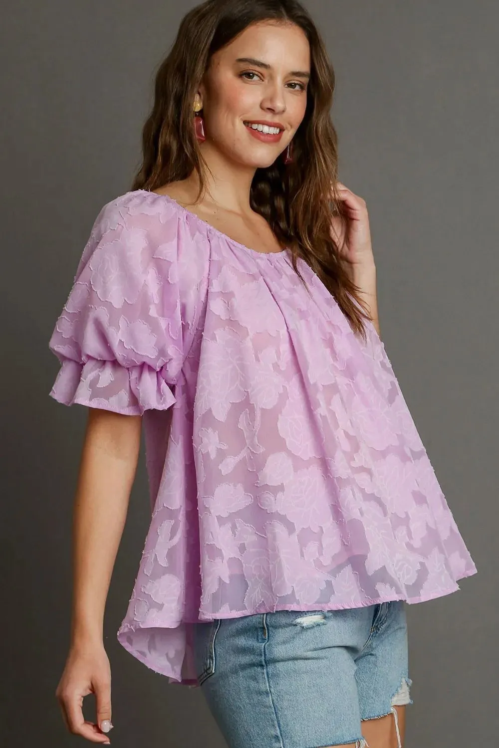 Umgee Full Size Jacquard Round Neck Ruffled Puff Sleeve Blouse Plus Size sold by Gigi Laurent product image thumbnail 2