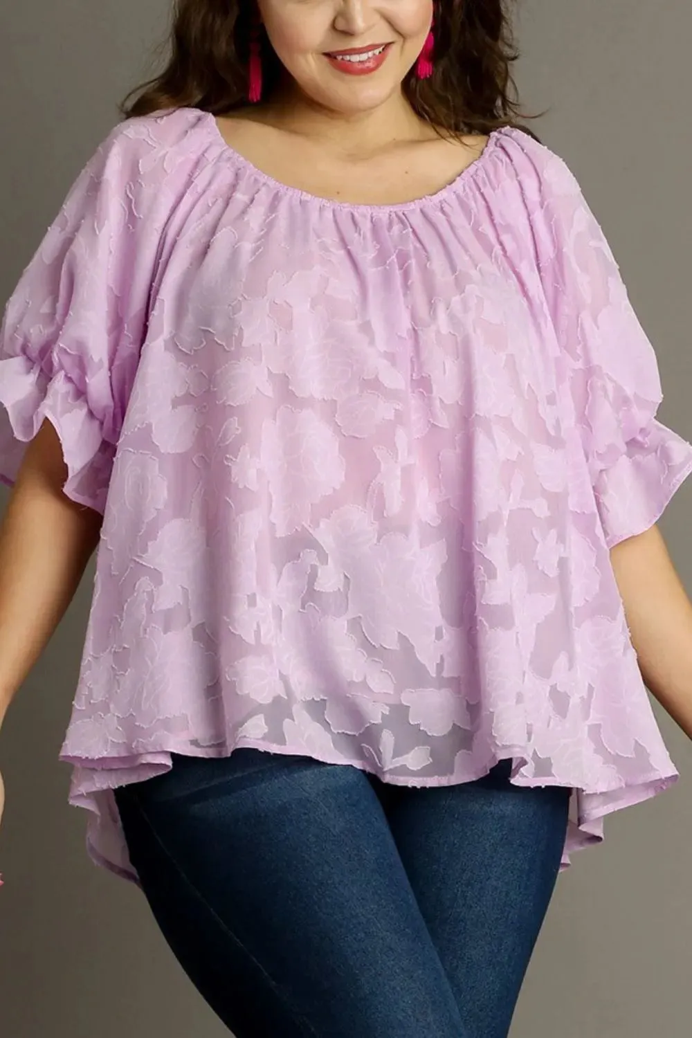 Umgee Full Size Jacquard Round Neck Ruffled Puff Sleeve Blouse Plus Size sold by Gigi Laurent product image thumbnail 4
