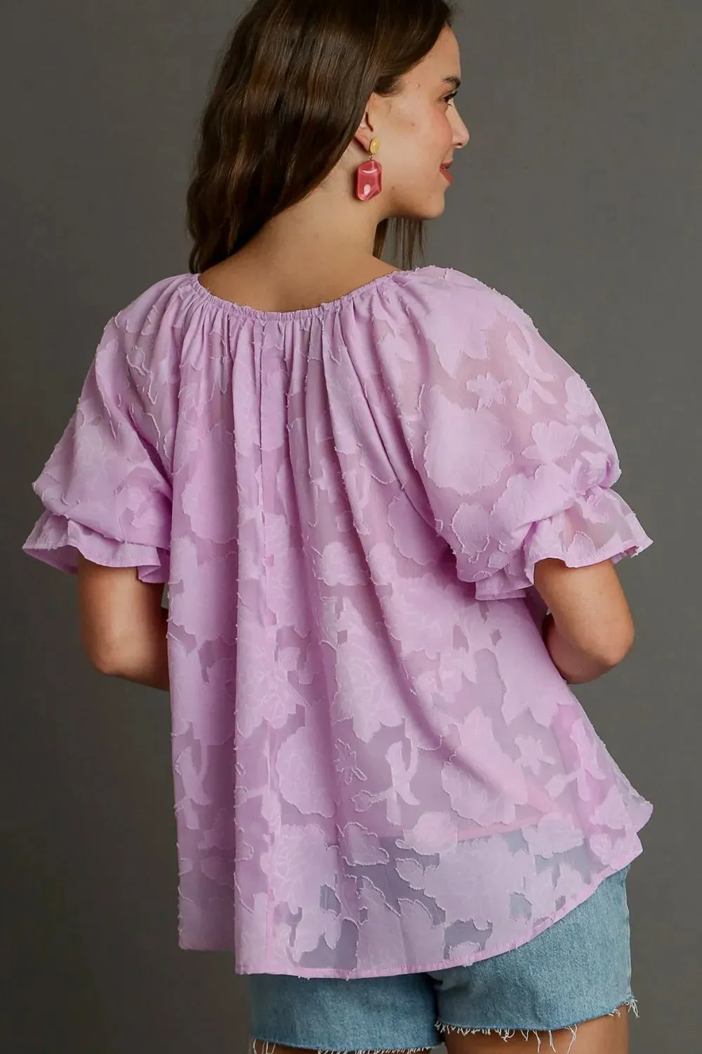 Umgee Full Size Jacquard Round Neck Ruffled Puff Sleeve Blouse Plus Size sold by Gigi Laurent product image thumbnail 3
