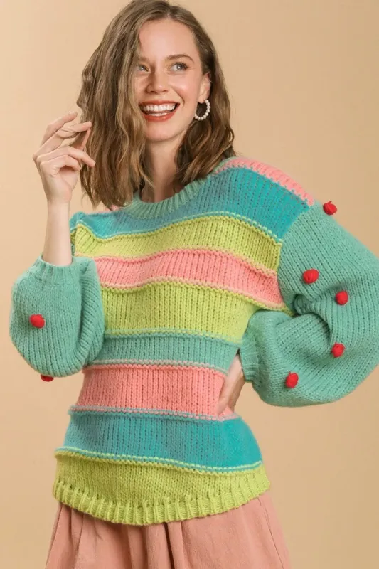 Umgee Full Size Color Block Cable Knit Sweater with Pom Pom Plus Size sold by Gigi Laurent