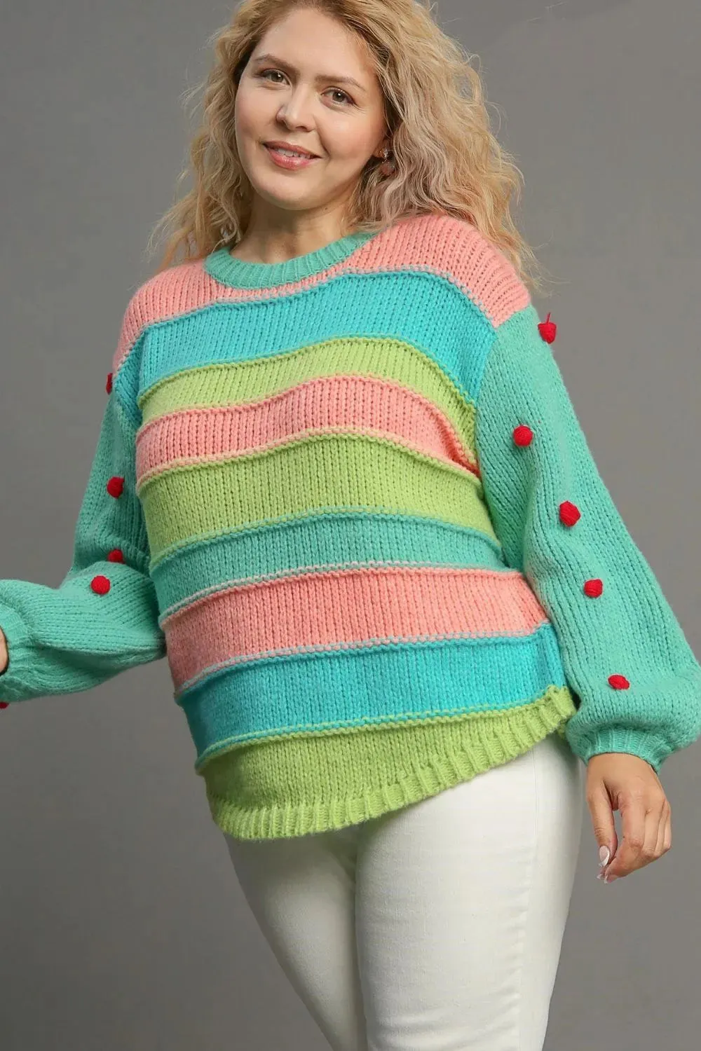 Umgee Full Size Color Block Cable Knit Sweater with Pom Pom Plus Size sold by Gigi Laurent product image thumbnail 4