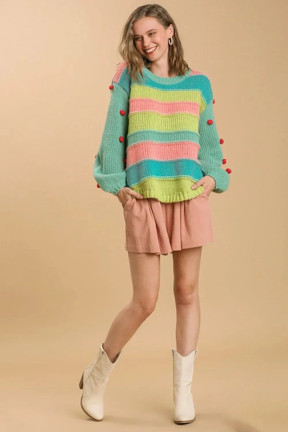 Umgee Full Size Color Block Cable Knit Sweater with Pom Pom Plus Size sold by Gigi Laurent product image thumbnail 3