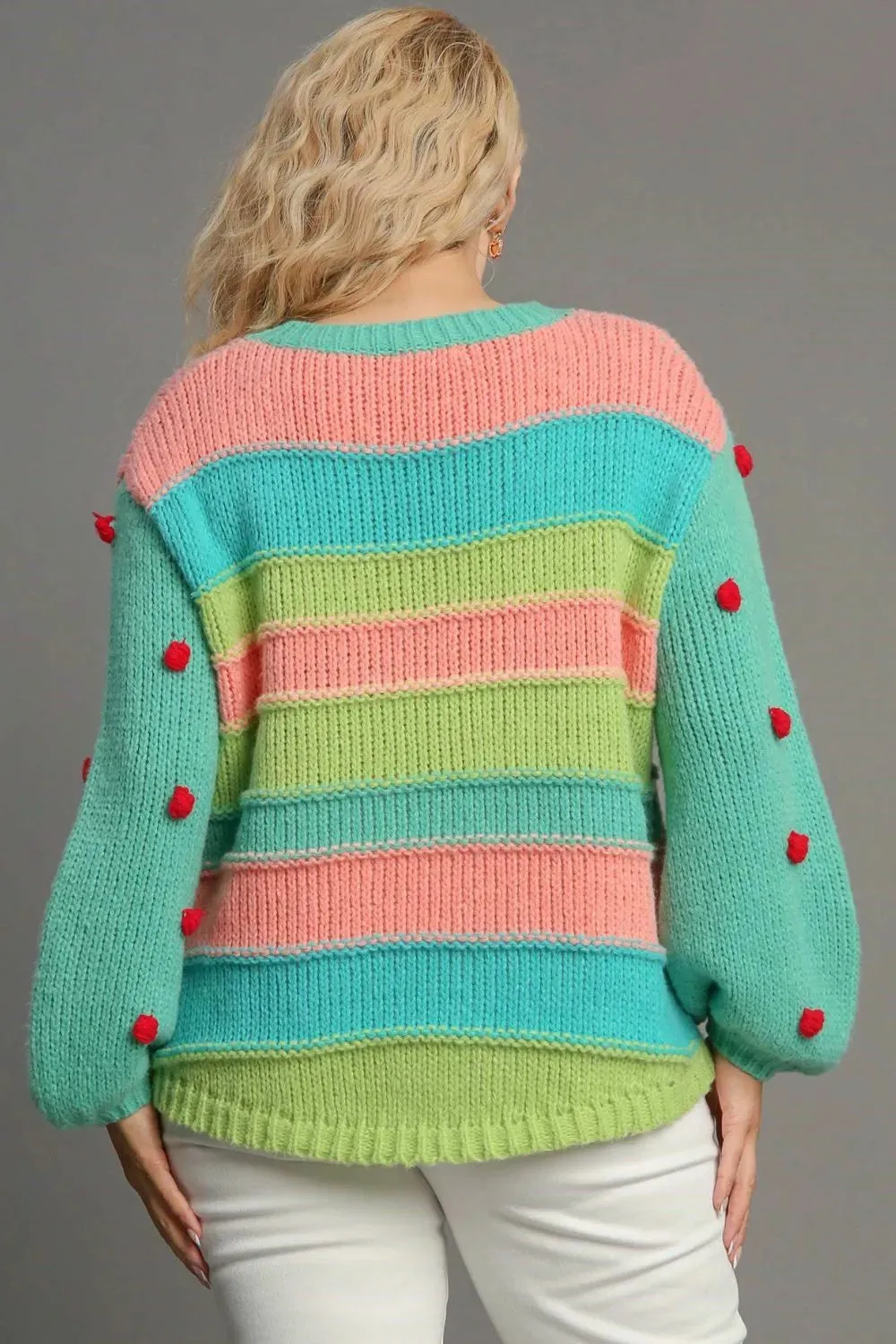 Umgee Full Size Color Block Cable Knit Sweater with Pom Pom Plus Size sold by Gigi Laurent product image thumbnail 5