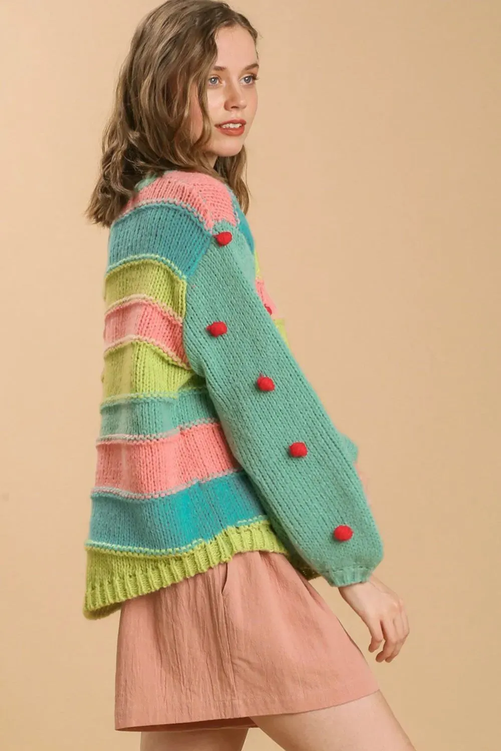 Umgee Full Size Color Block Cable Knit Sweater with Pom Pom Plus Size sold by Gigi Laurent product image thumbnail 2