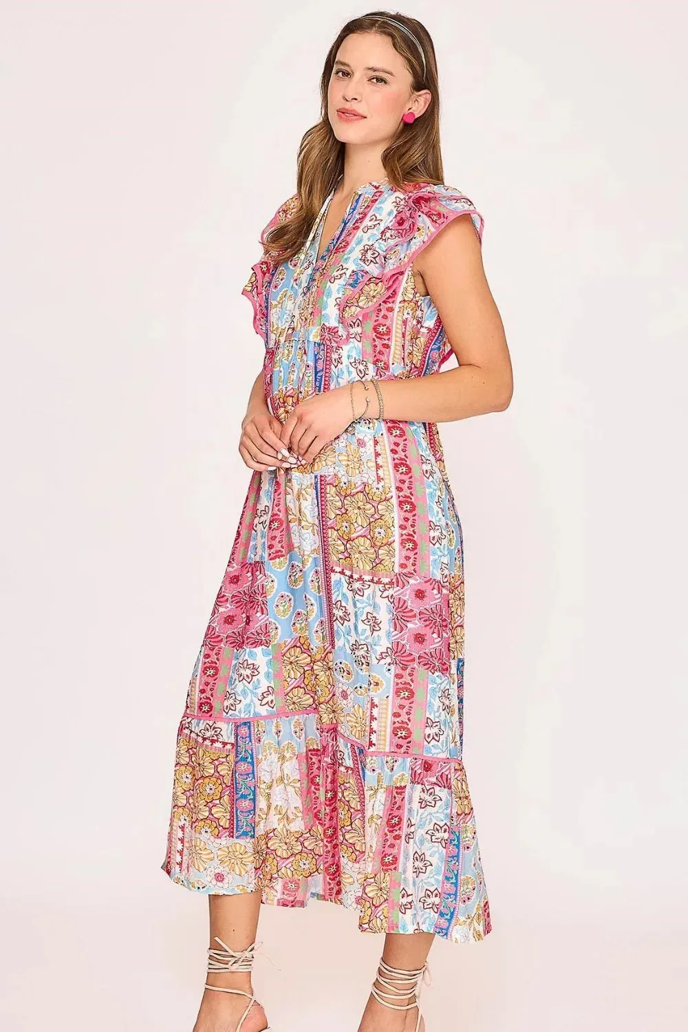 Umgee Full Size Tie Neck Double Layered Ruffle Sleeve Midi Dress Plus Size sold by Gigi Laurent product image thumbnail 2