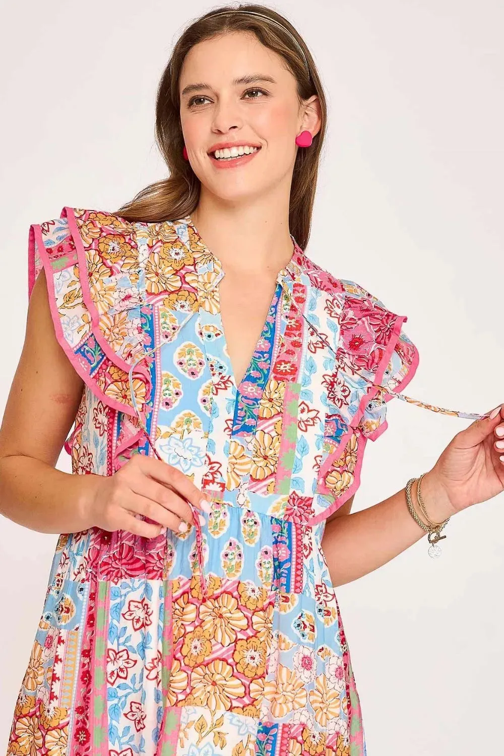 Umgee Full Size Tie Neck Double Layered Ruffle Sleeve Midi Dress Plus Size sold by Gigi Laurent product image thumbnail 4