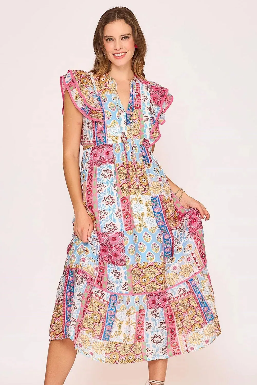 Umgee Full Size Tie Neck Double Layered Ruffle Sleeve Midi Dress Plus Size sold by Gigi Laurent