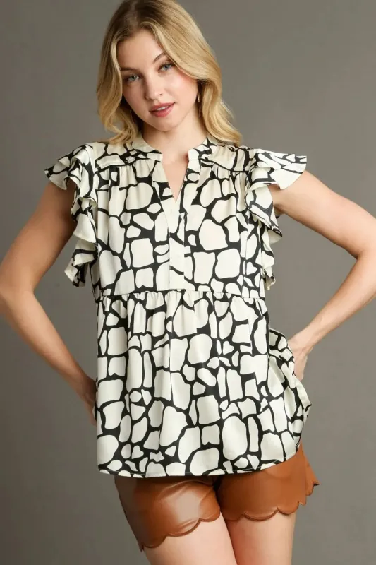 Umgee Full Size Two Tone Animal Print Notched Ruffle Cap Sleeve Blouse Plus Size sold by Gigi Laurent