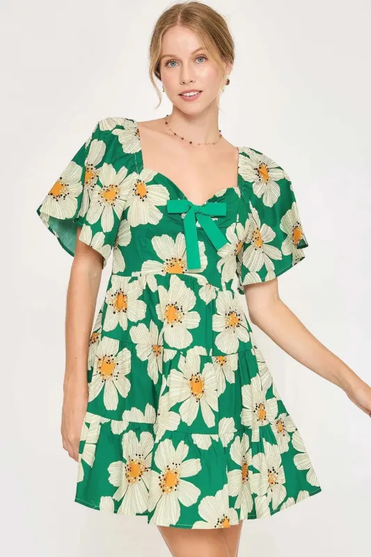 Umgee Full Size Daisy Print Mini Dress with Ribbon Details Plus Size sold by Gigi Laurent