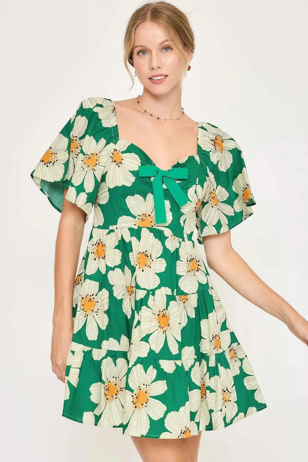 Umgee Full Size Daisy Print Mini Dress with Ribbon Details Plus Size sold by Gigi Laurent