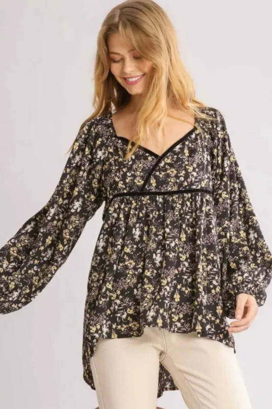 Umgee Full Size Floral Print Velvet Trimmed Balloon Sleeve Top Plus Size sold by Gigi Laurent