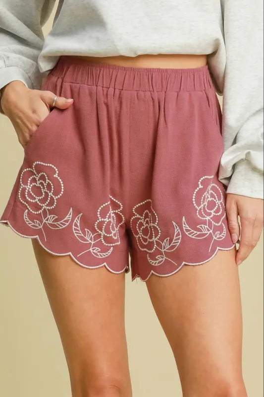 Umgee Full Size Linen Blend Shorts with Floral Embroidered Details Plus Size sold by Gigi Laurent