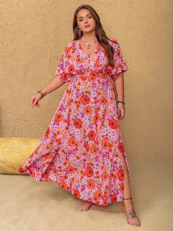 Plus Size Slit Floral V-Neck Half Sleeve Maxi Dress sold by Gigi Laurent