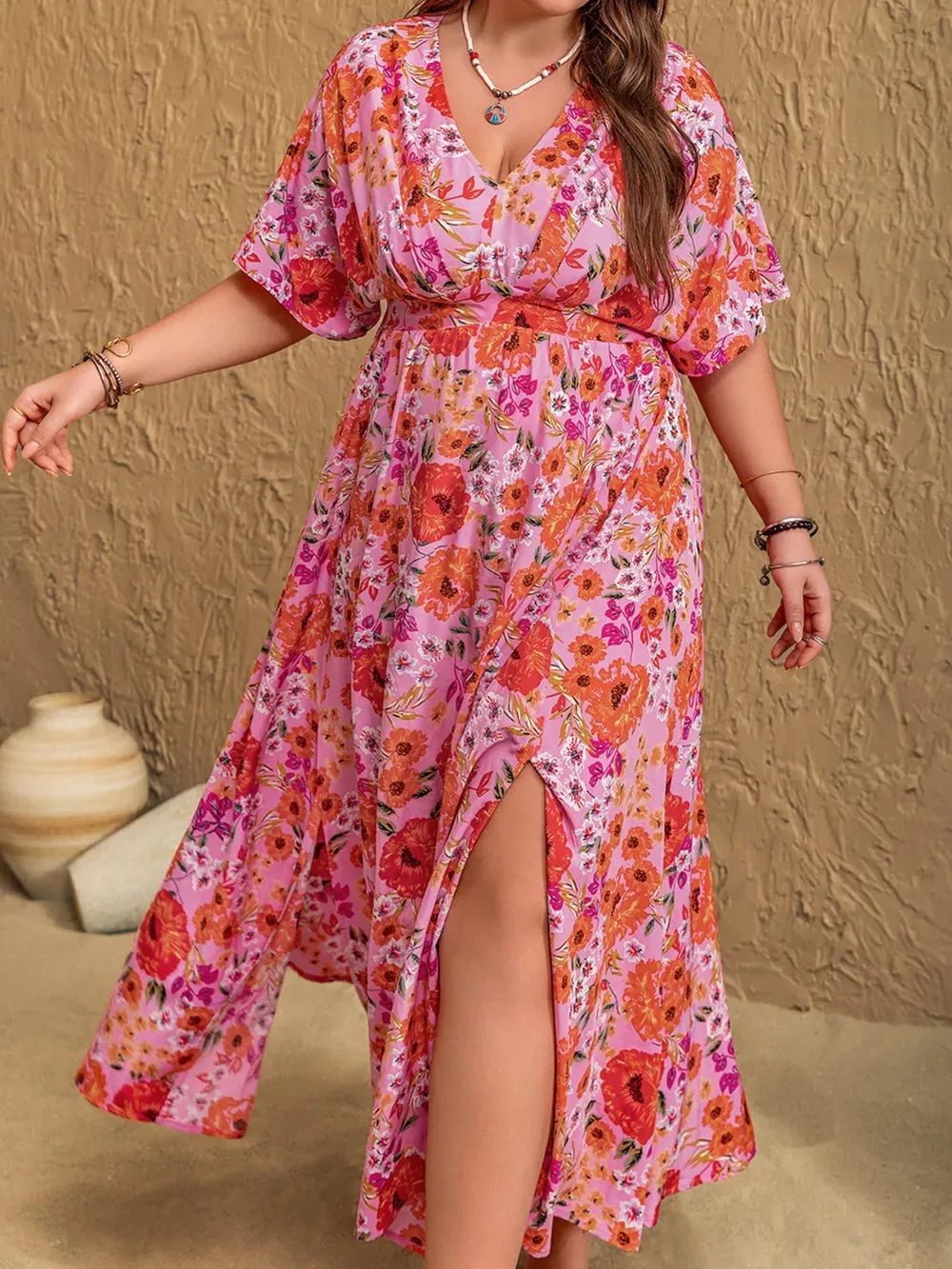 Plus Size Slit Floral V-Neck Half Sleeve Maxi Dress sold by Gigi Laurent product image thumbnail 2