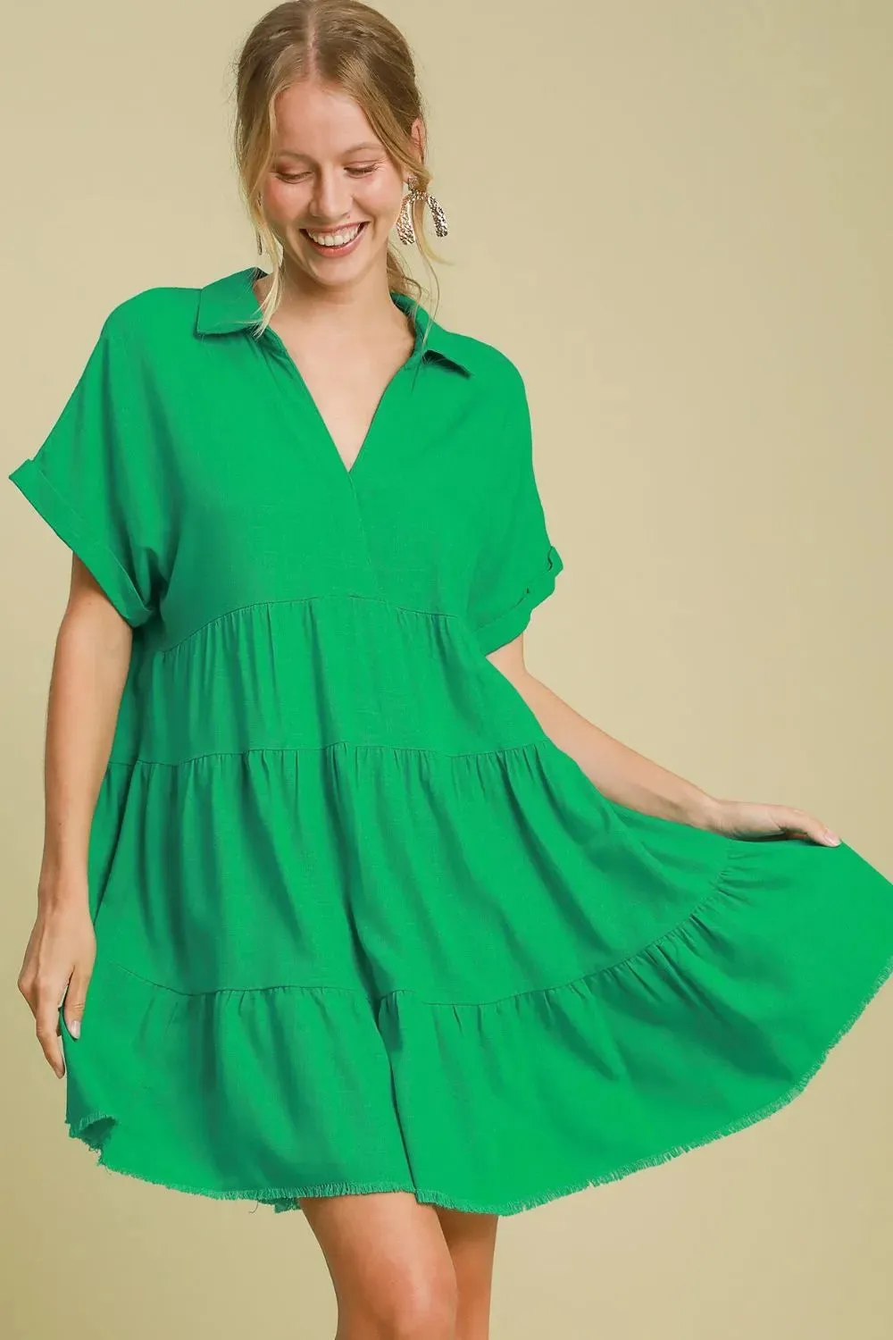 Umgee Full Size Raw Hem Folded Sleeve Tiered Dress Plus Size sold by Gigi Laurent
