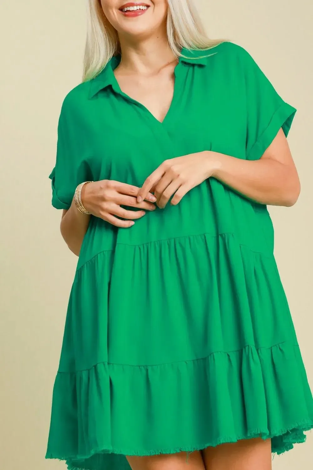 Umgee Full Size Raw Hem Folded Sleeve Tiered Dress Plus Size sold by Gigi Laurent product image thumbnail 3