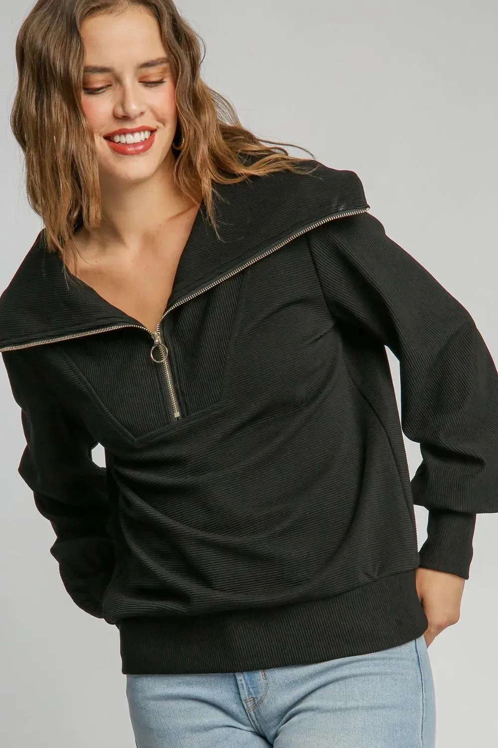 Umgee Full Size Ribbed Knit Half Zipper Sweatshirt Plus Size sold by Gigi Laurent product image thumbnail 2