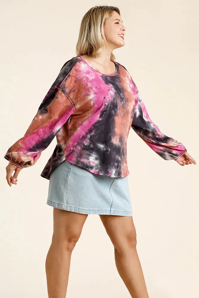 Umgee Full Size Tie Dye Round Neck Long Balloon Sleeve Top Plus Size sold by Gigi Laurent product image thumbnail 5
