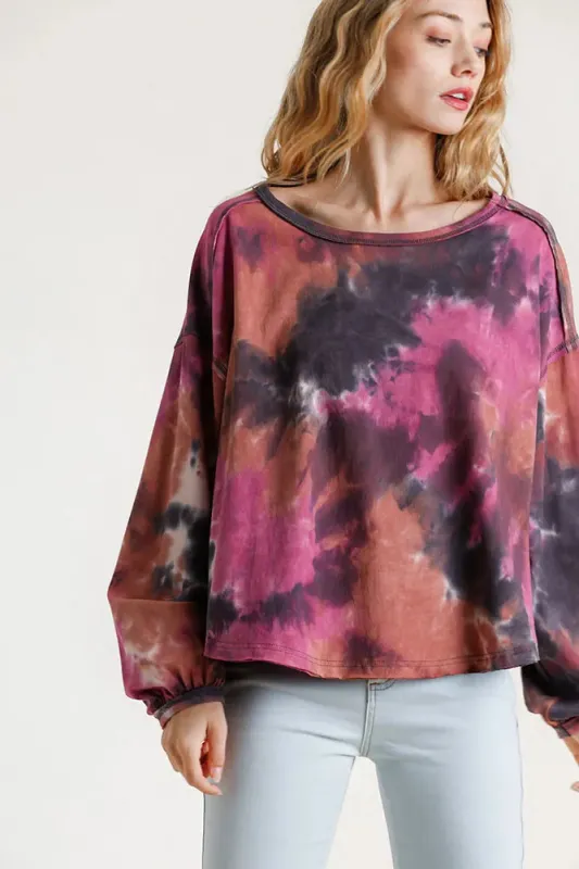 Umgee Full Size Tie Dye Round Neck Long Balloon Sleeve Top Plus Size sold by Gigi Laurent