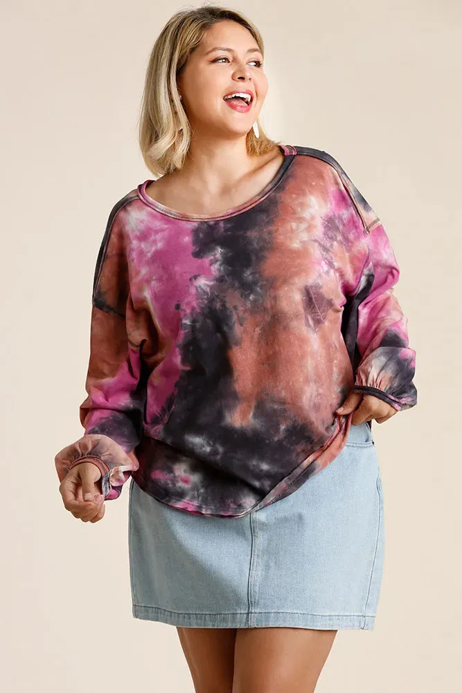 Umgee Full Size Tie Dye Round Neck Long Balloon Sleeve Top Plus Size sold by Gigi Laurent product image thumbnail 4