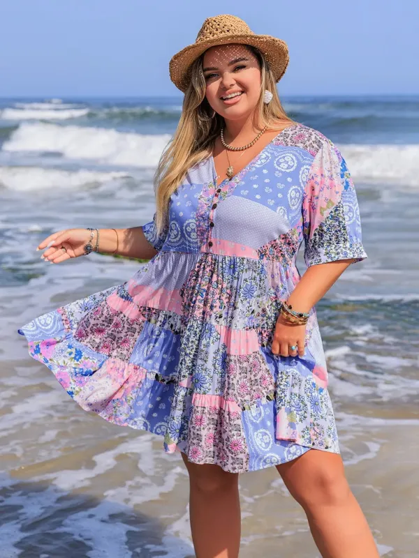 Plus Size Printed V-Neck Tiered Mini Dress sold by Gigi Laurent