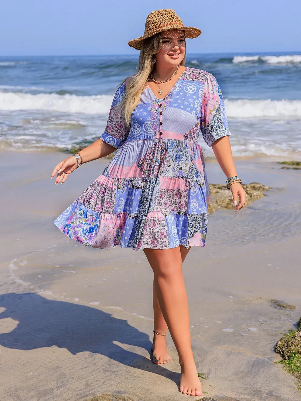 Plus Size Printed V-Neck Tiered Mini Dress sold by Gigi Laurent product image thumbnail 4