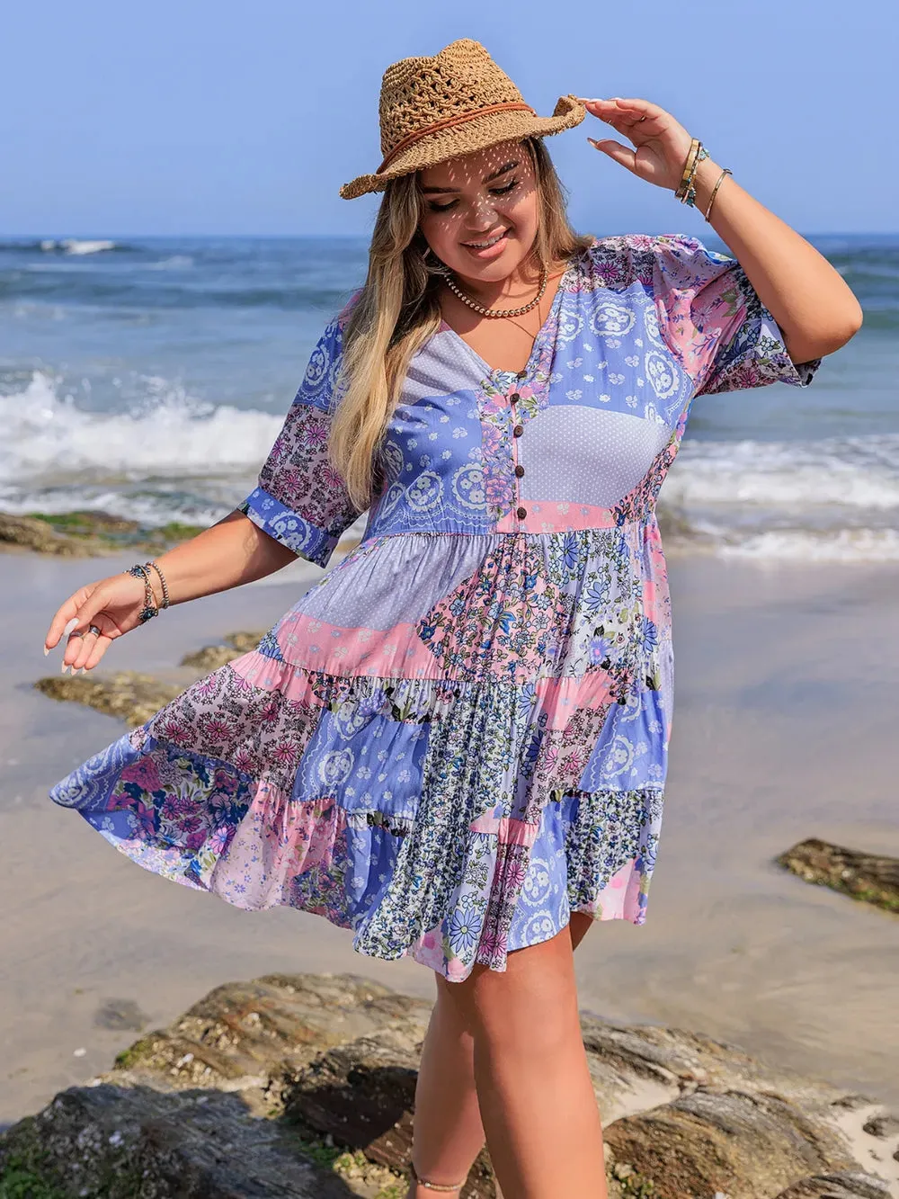Plus Size Printed V-Neck Tiered Mini Dress sold by Gigi Laurent product image thumbnail 5