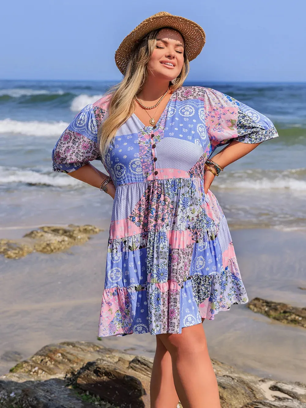 Plus Size Printed V-Neck Tiered Mini Dress sold by Gigi Laurent product image thumbnail 2