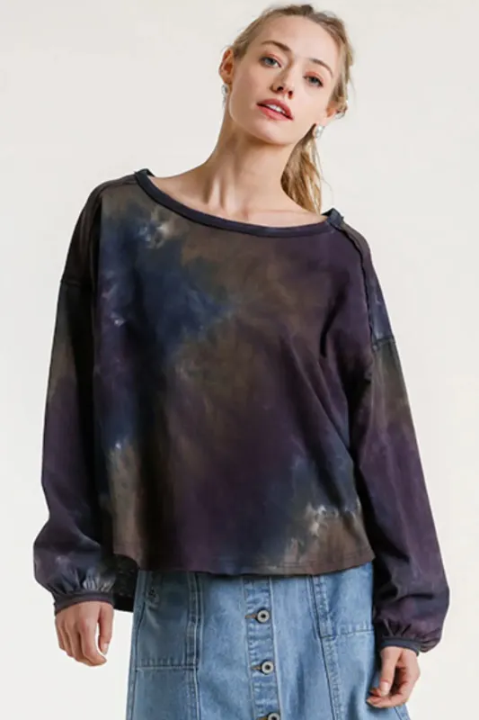 Umgee Full Size Tie Dye Round Neck Long Balloon Sleeve Top Plus Size sold by Gigi Laurent