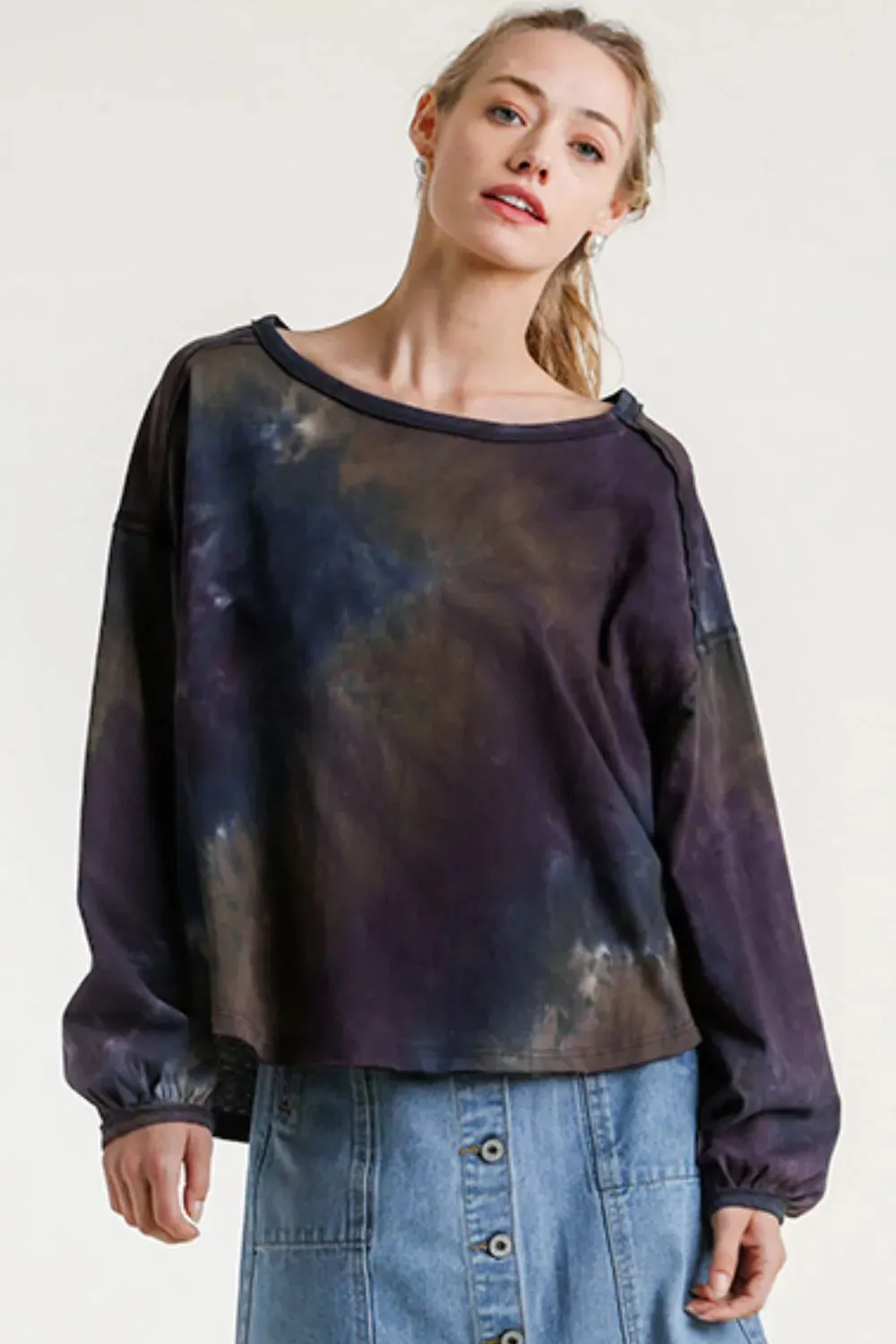 Umgee Full Size Tie Dye Round Neck Long Balloon Sleeve Top Plus Size sold by Gigi Laurent