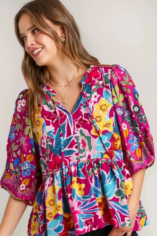 Umgee Full Size Floral Print Tie Neck Peplum Blouse Plus Size sold by Gigi Laurent