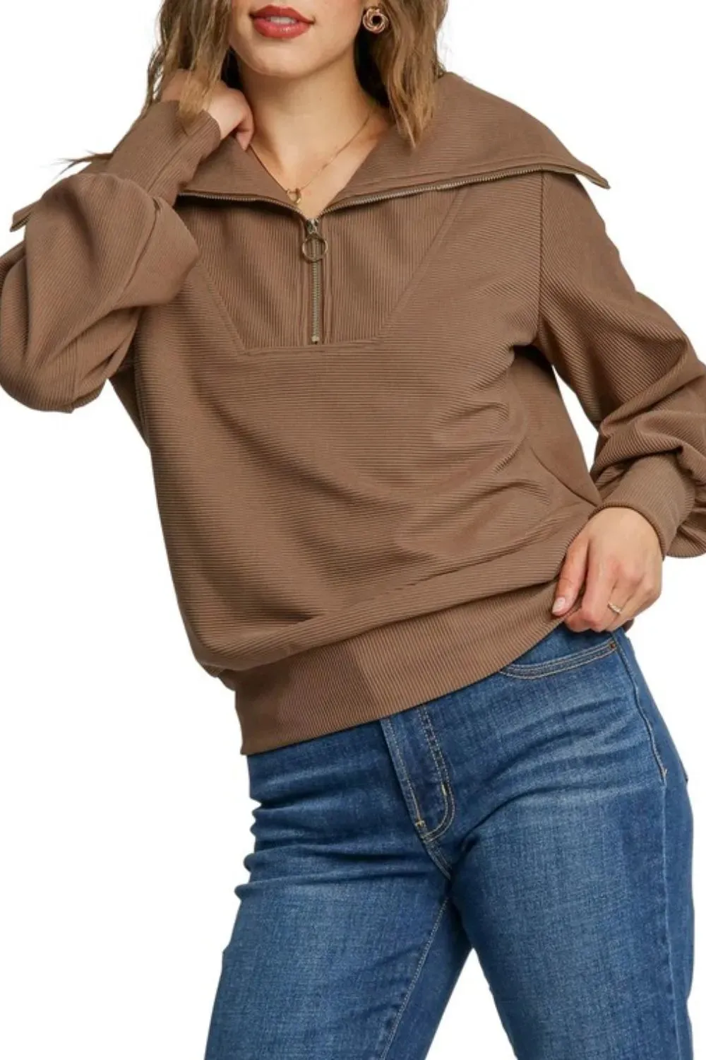 Umgee Full Size Ribbed Knit Half Zipper Sweatshirt Plus Size sold by Gigi Laurent product image thumbnail 2