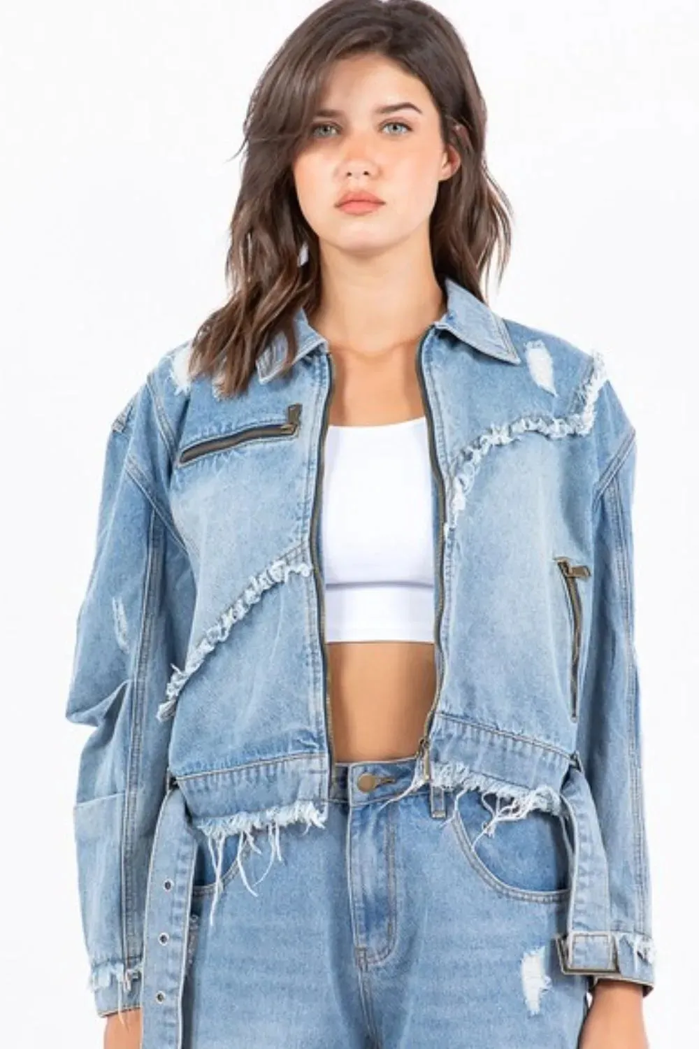 American Bazi Full Size Distressed Frayed Edge Zip Up Denim Jacket Plus Size sold by Gigi Laurent product image thumbnail 3