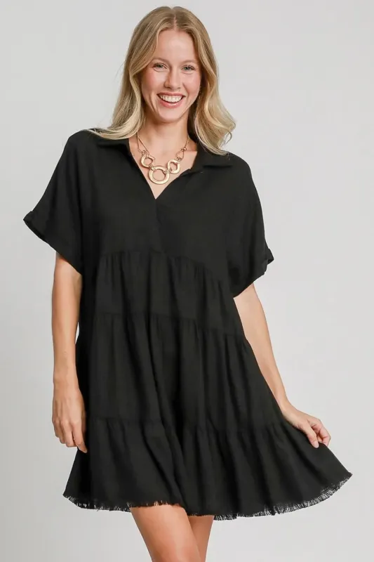 Umgee Full Size Raw Hem Folded Sleeve Tiered Dress Plus Size sold by Gigi Laurent