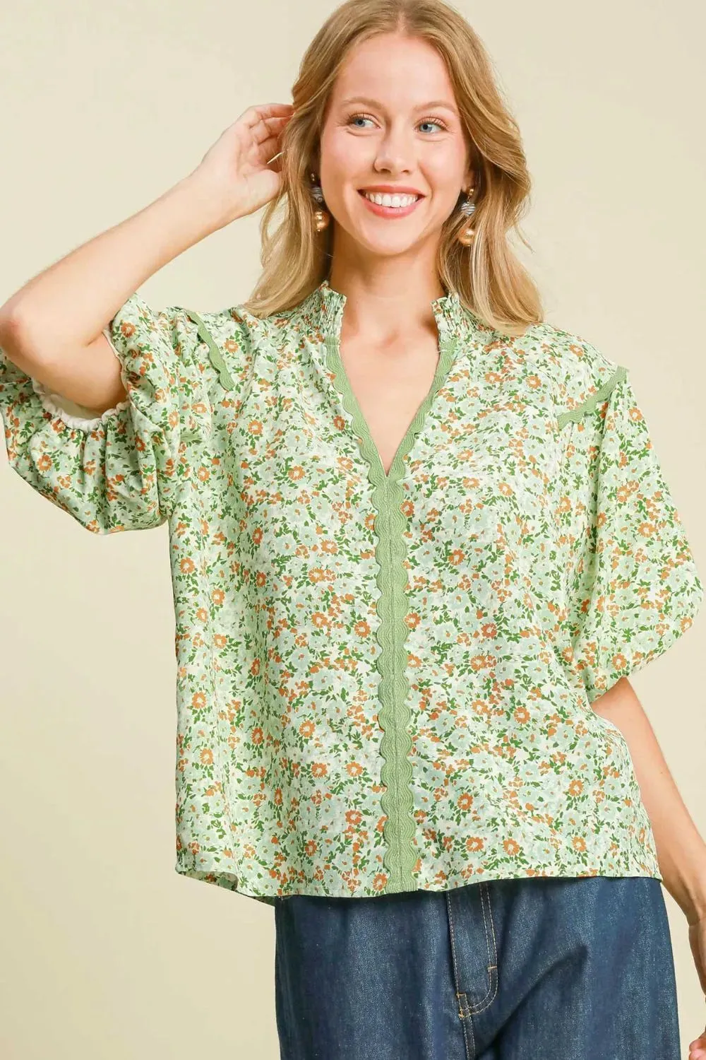 Umgee Full Size Floral Print Puff Sleeve Top Plus Size sold by Gigi Laurent