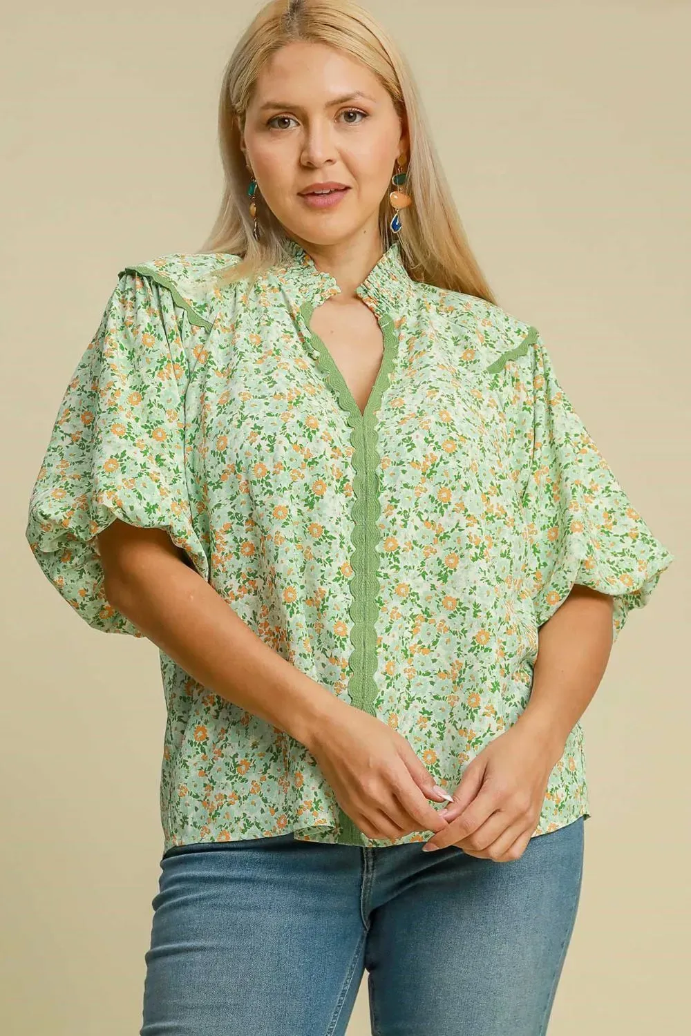 Umgee Full Size Floral Print Puff Sleeve Top Plus Size sold by Gigi Laurent product image thumbnail 4