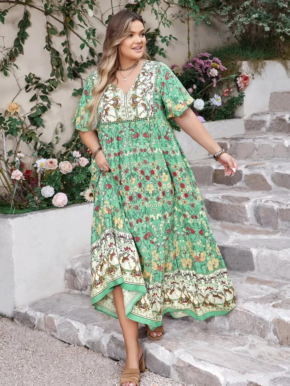Plus Size Floral Tie Neck Flutter Sleeve Maxi Dress sold by Gigi Laurent product image thumbnail 2