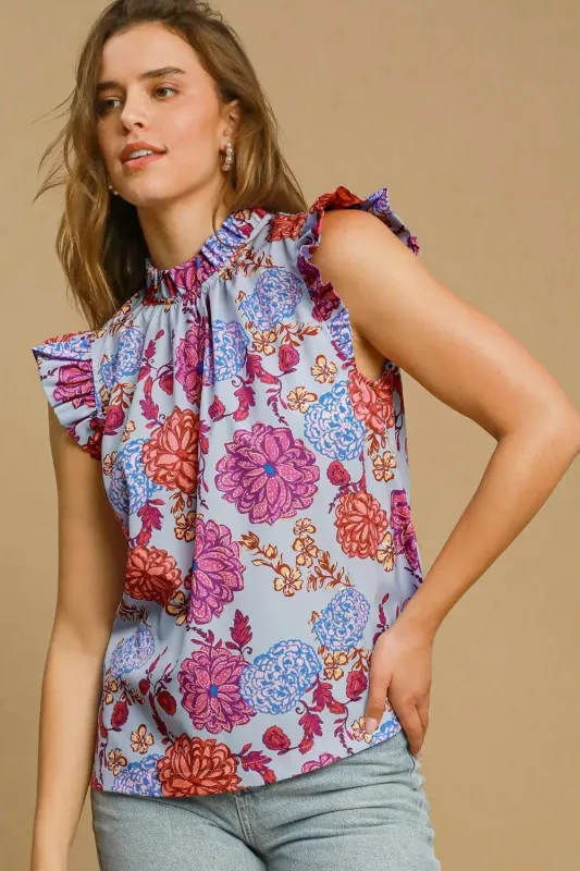 Umgee Full Size Floral Print Ruffled Cap Sleeve Blouse Plus Size sold by Gigi Laurent