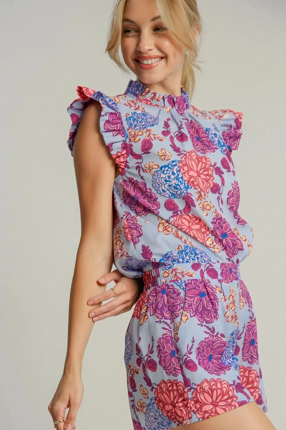 Umgee Full Size Floral Print Ruffled Cap Sleeve Blouse Plus Size sold by Gigi Laurent product image thumbnail 4