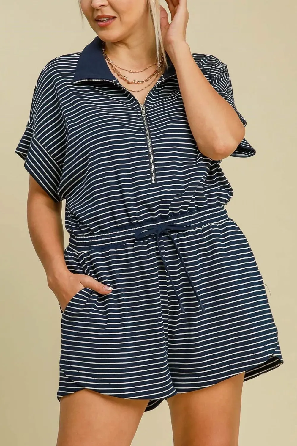 Umgee Full Size Half Zip Striped Romper Plus Size sold by Gigi Laurent product image thumbnail 4