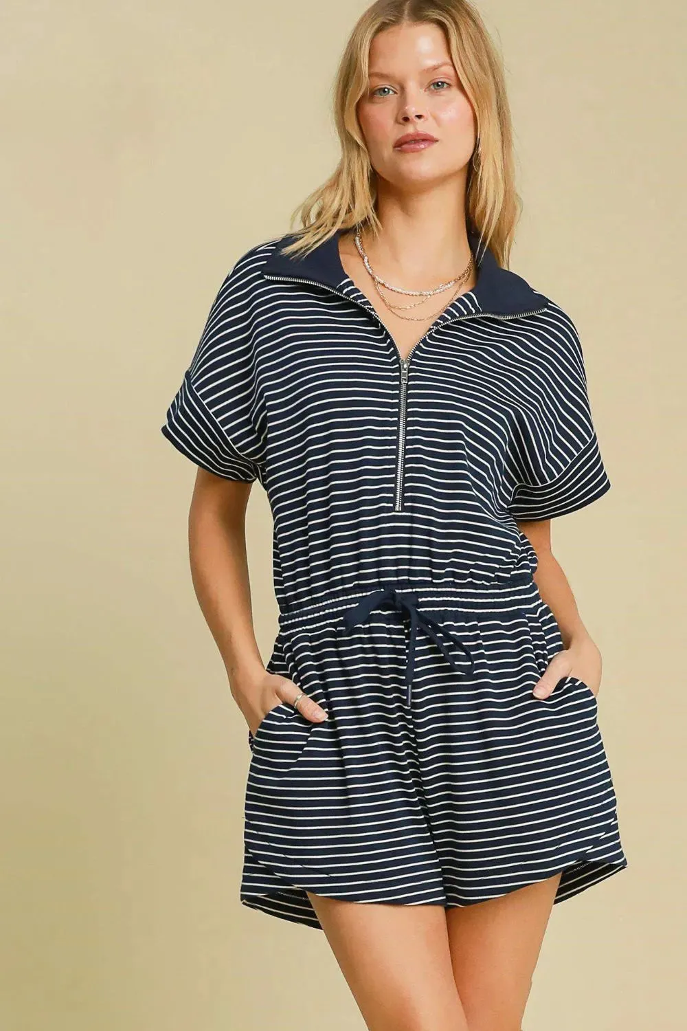 Umgee Full Size Half Zip Striped Romper Plus Size sold by Gigi Laurent