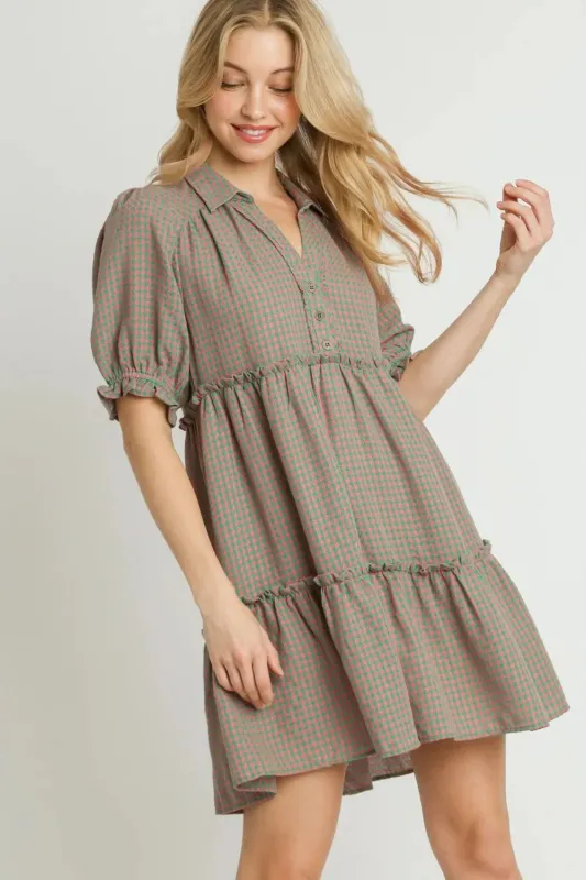 Umgee Full Size Plaid Frill Button Detail Ruffled Short Sleeve Dress Plus Size sold by Gigi Laurent
