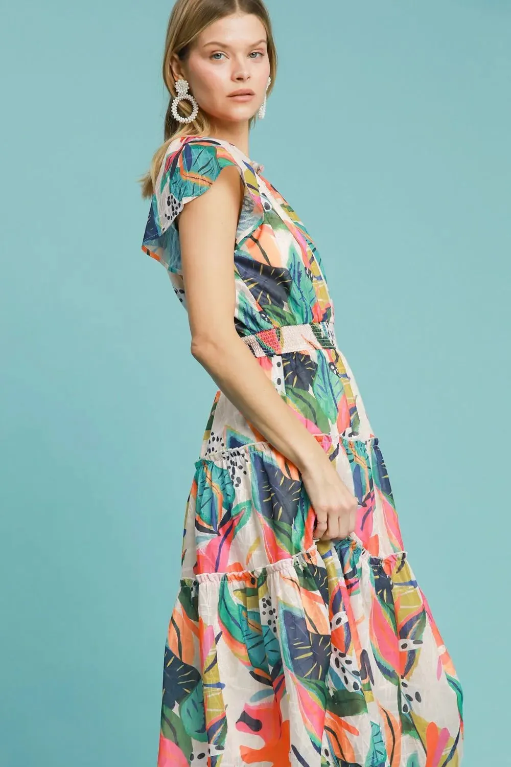 Umgee Full Size Leaf Print Cap Sleeve Tiered Midi Dress Plus Size sold by Gigi Laurent product image thumbnail 2