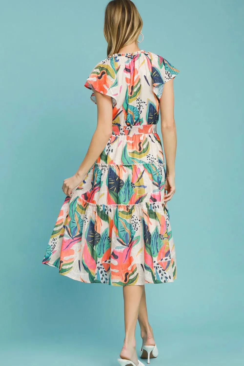 Umgee Full Size Leaf Print Cap Sleeve Tiered Midi Dress Plus Size sold by Gigi Laurent product image thumbnail 4