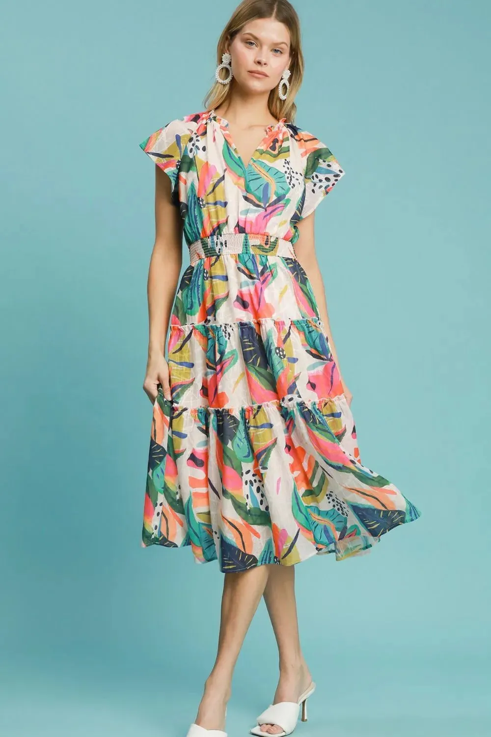 Umgee Full Size Leaf Print Cap Sleeve Tiered Midi Dress Plus Size sold by Gigi Laurent product image thumbnail 3