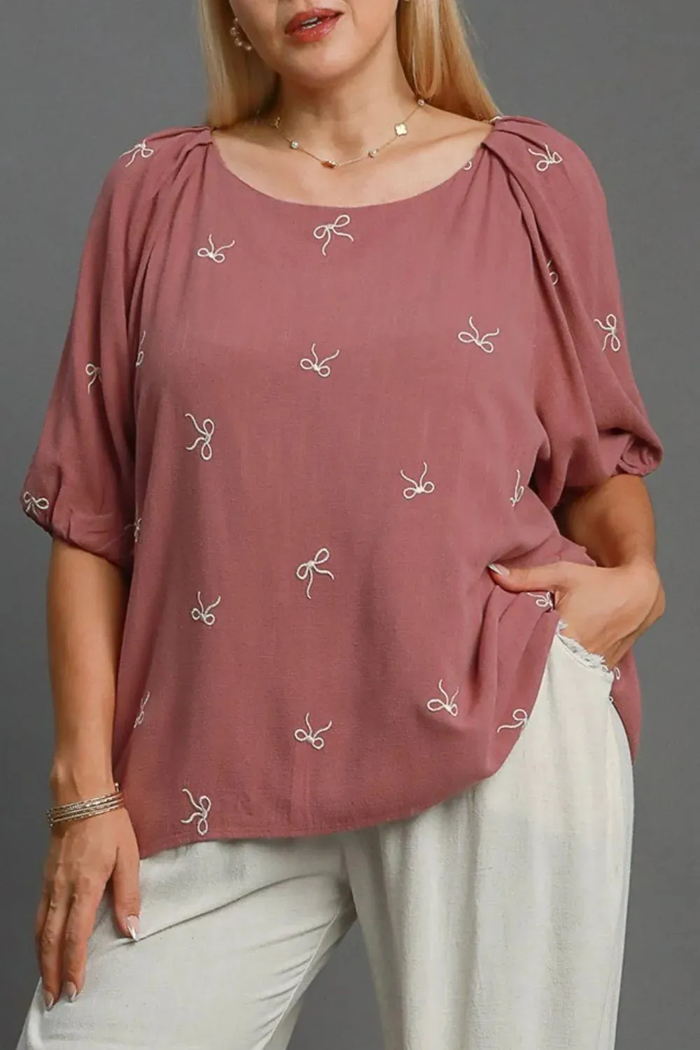 Umgee Full Size Linen Blend Ribbon Embroidered Top Plus Size sold by Gigi Laurent product image thumbnail 3