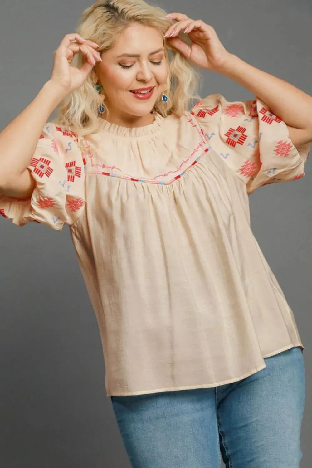 Umgee Full Size Embroidered Puff Sleeve Mock Neck Top Plus Size sold by Gigi Laurent product image thumbnail 2